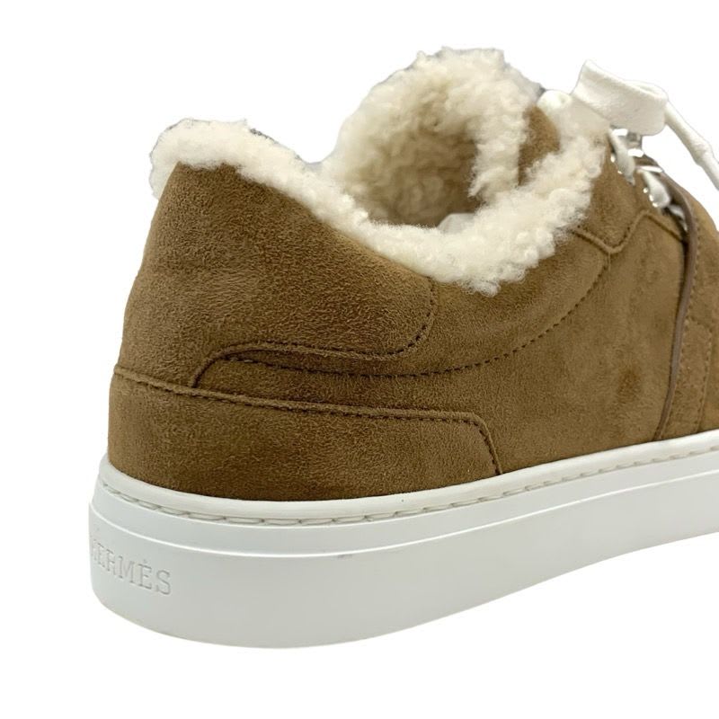 Hermes Day Sneakers Shoes Suede Mouton Brown Silver Kelly Hardware Shearling — view 9
