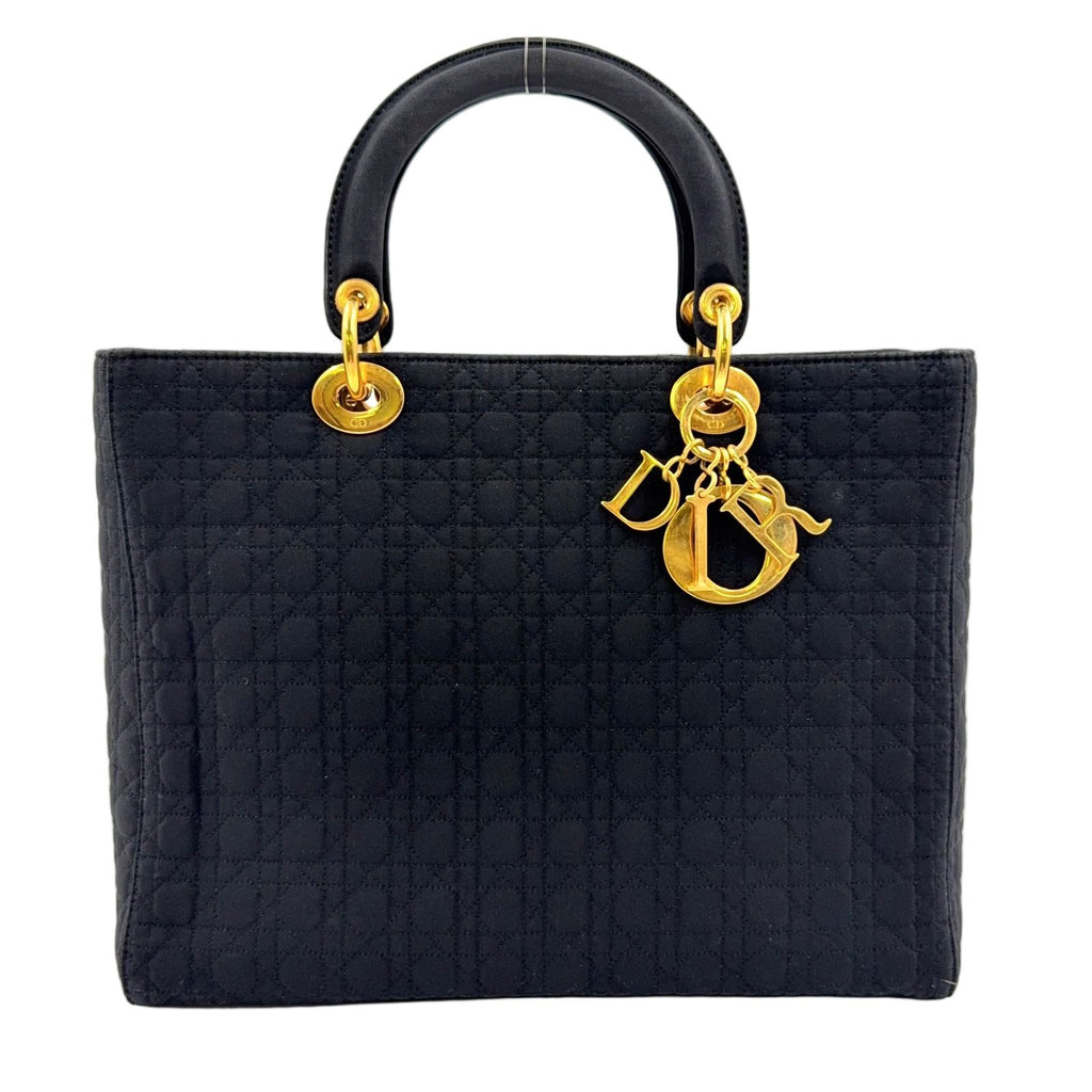 Dior Lady Cannage Quilted Nylon Black Handbag Gold