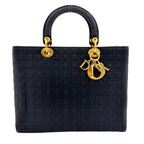 Dior Lady Cannage Quilted Nylon Black Handbag Gold