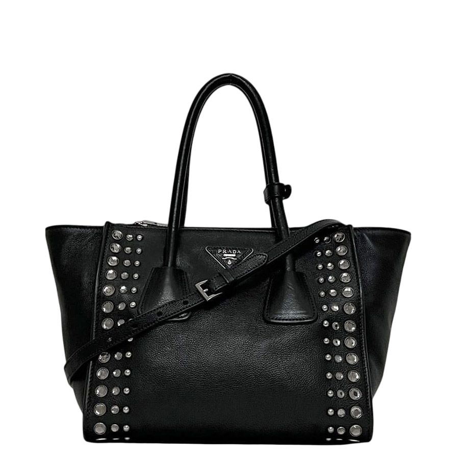 Prada 2-Way Black Nero Leather Glace Calf Studs 231 Shoulder