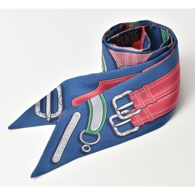 Hermes Twirly Scarf Silk Twill Belt Motif Blue Multi