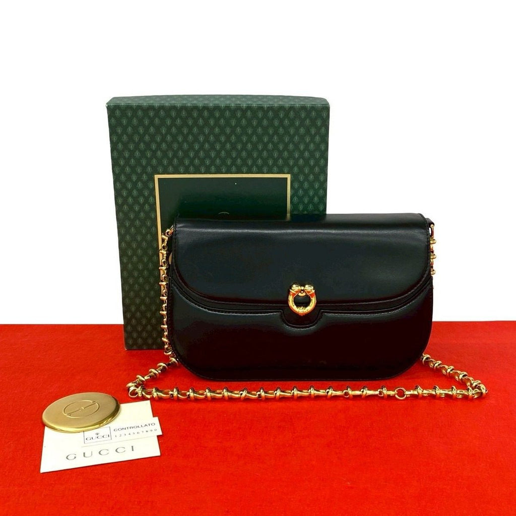 Gucci Vintage Calfskin Leather Chain Shoulder Bag Pochette Black