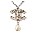 Chanel Coco Mark Rhinestone Faux Pearl Silver Rye White Gold