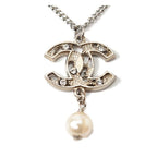 Chanel Coco Mark Rhinestone Faux Pearl Silver Rye White Gold