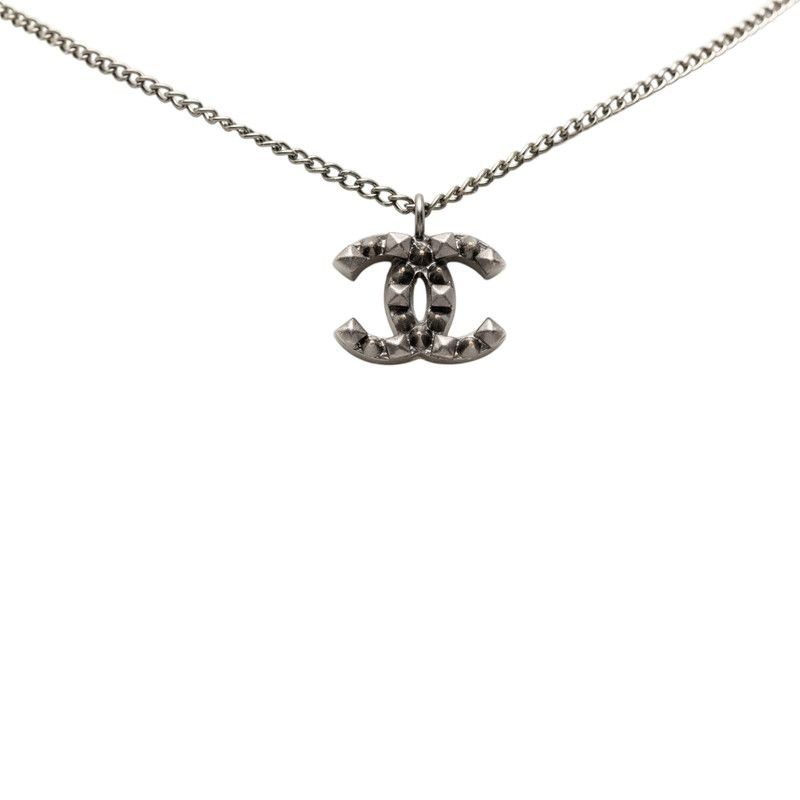 Chanel CC Logo Studs Pendant Necklace Black Metal