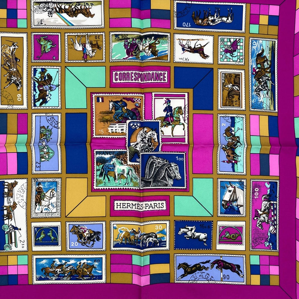 Hermes Scarf Silk Carre 90 Correspondanc Horse Pattern Purple — view 6