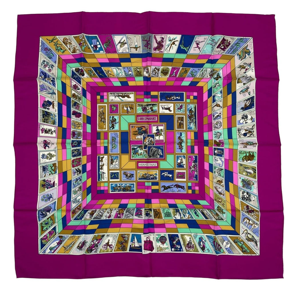 Hermes Scarf Silk Carre 90 Correspondanc Horse Pattern Purple
