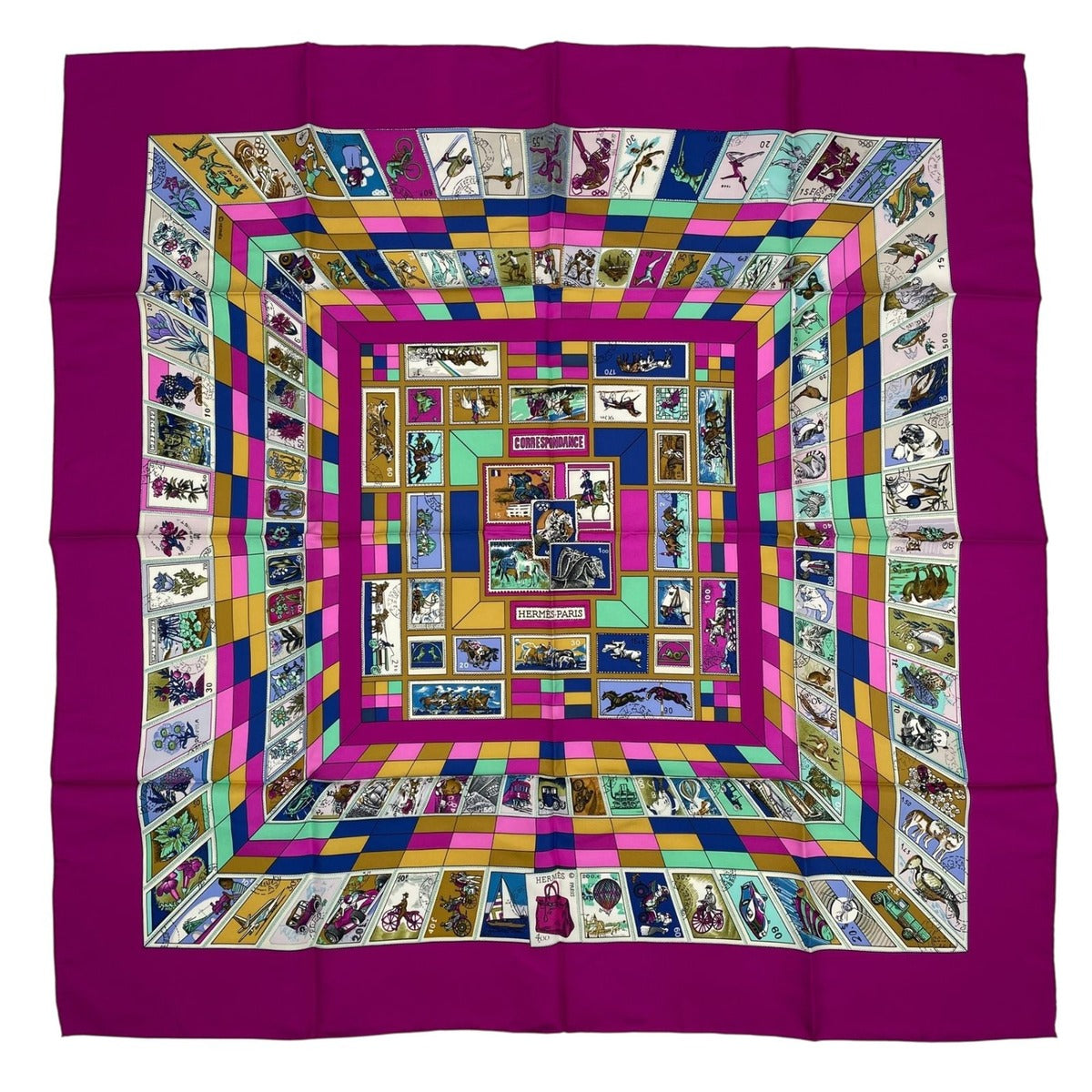 Hermes Scarf Silk Carre 90 Correspondanc Horse Pattern Purple