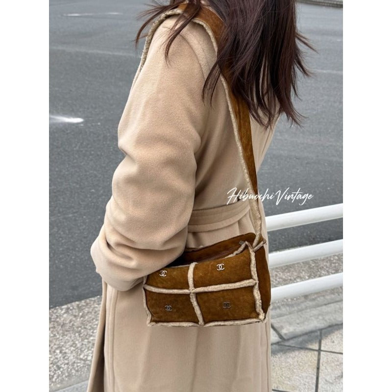Chanel CC Logo Quilted Shoulder Bag Brown Mouton Suede Vintage