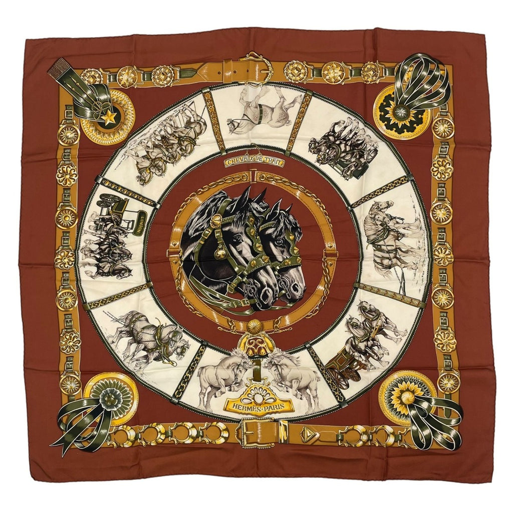 Hermes Scarf Silk Carre 90 Chevaux de Trait Brown