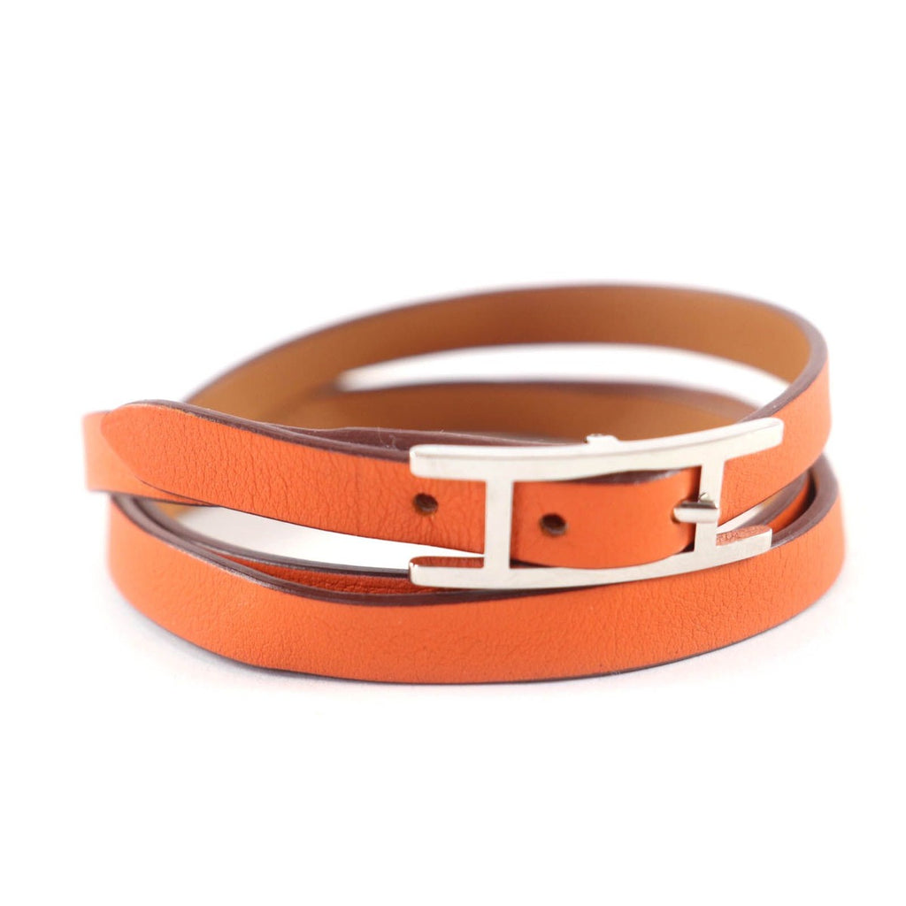 Hermes Behapi Double Tour Gold Orange Silver 3 Rows Leather Bracelet