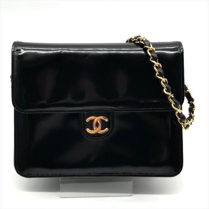 Chanel CC Logo Patent Push Lock Chain Shoulder Bag Black Purse