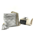 Chanel CC Logo Quilted Chain Shoulder Bag with Fringe Vanity Silver Leather