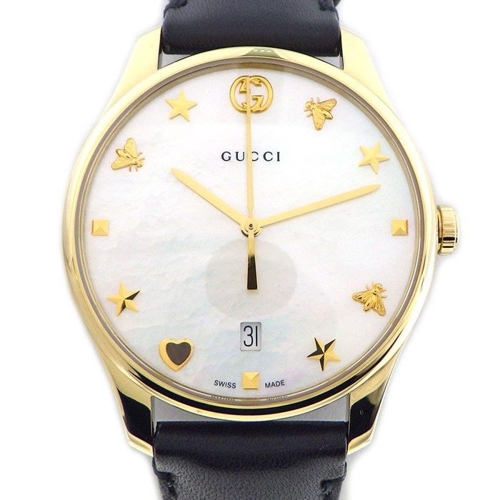 Gucci Watch Timeless 126.4 White Shell Dial Date Back Skew Black Cowhide