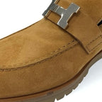Hermes Faubourg Loafer Leather Shoes Suede Brown Silver Hhardware Moccasin Flat — view 9