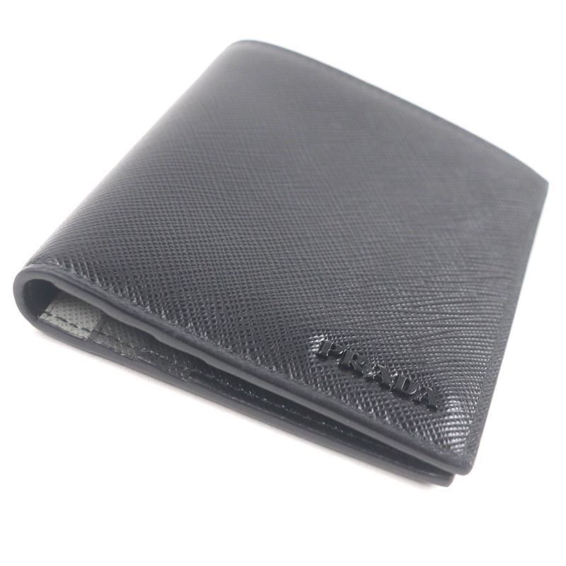 Prada 2 Mo004 Logo Plate Saffiano Martic Leather Bifold Card Case Billfold Nero — view 4