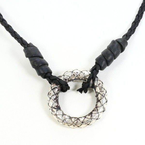 Bottega Veneta Intrecciato Circle Silver Leather Necklace 56 cm