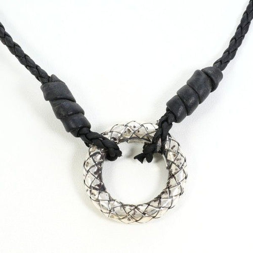 Bottega Veneta Intrecciato Circle Silver Leather Necklace 56 cm