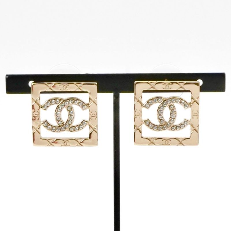 Chanel Earrings Gold Coco Mark Square Quilted Rhinestone — view 7