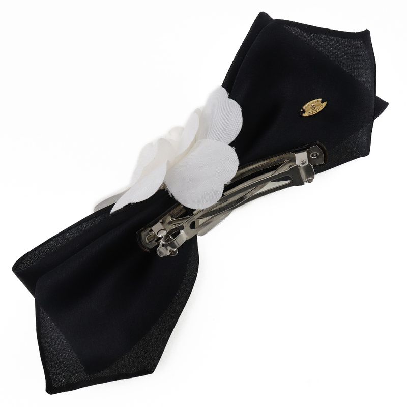 Chanel Camellia Ribbon Satin and Textile Black White Barrette — view 2