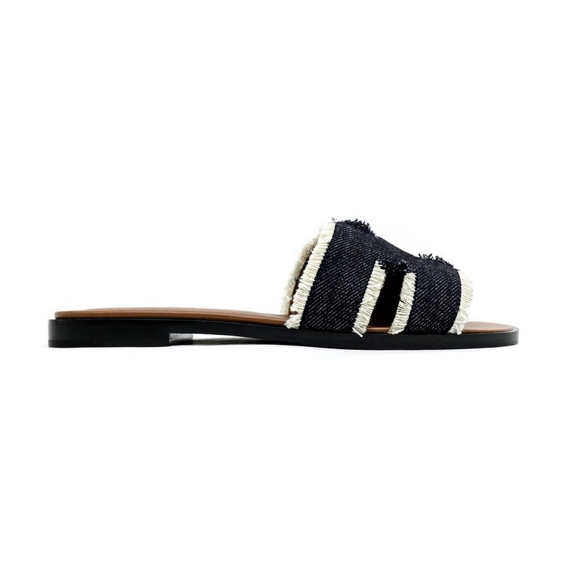 Hermes Oran Fringe BL Denim Navy Brown 36 Sandals Shoes — view 4