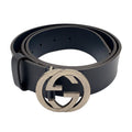 Gucci Interlocking Buckle Leather Black Belt Silver