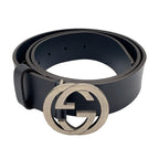Gucci Interlocking Buckle Leather Black Belt Silver