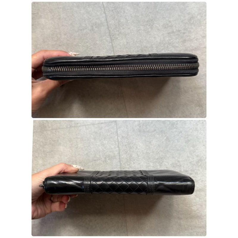 Bottega Veneta Round Zipper Long Wallet Black Intrecciato Stitching Leather — view 2