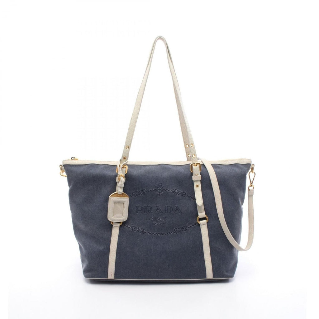 Prada Tote Logo Jacquard Navy Canvas Leather