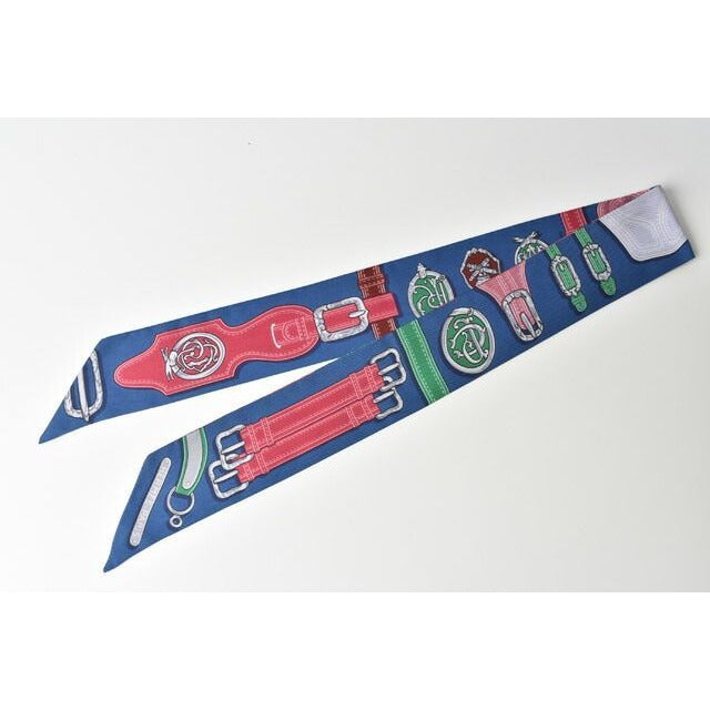 Hermes Twirly Scarf Silk Twill Belt Motif Blue Multi — view 3