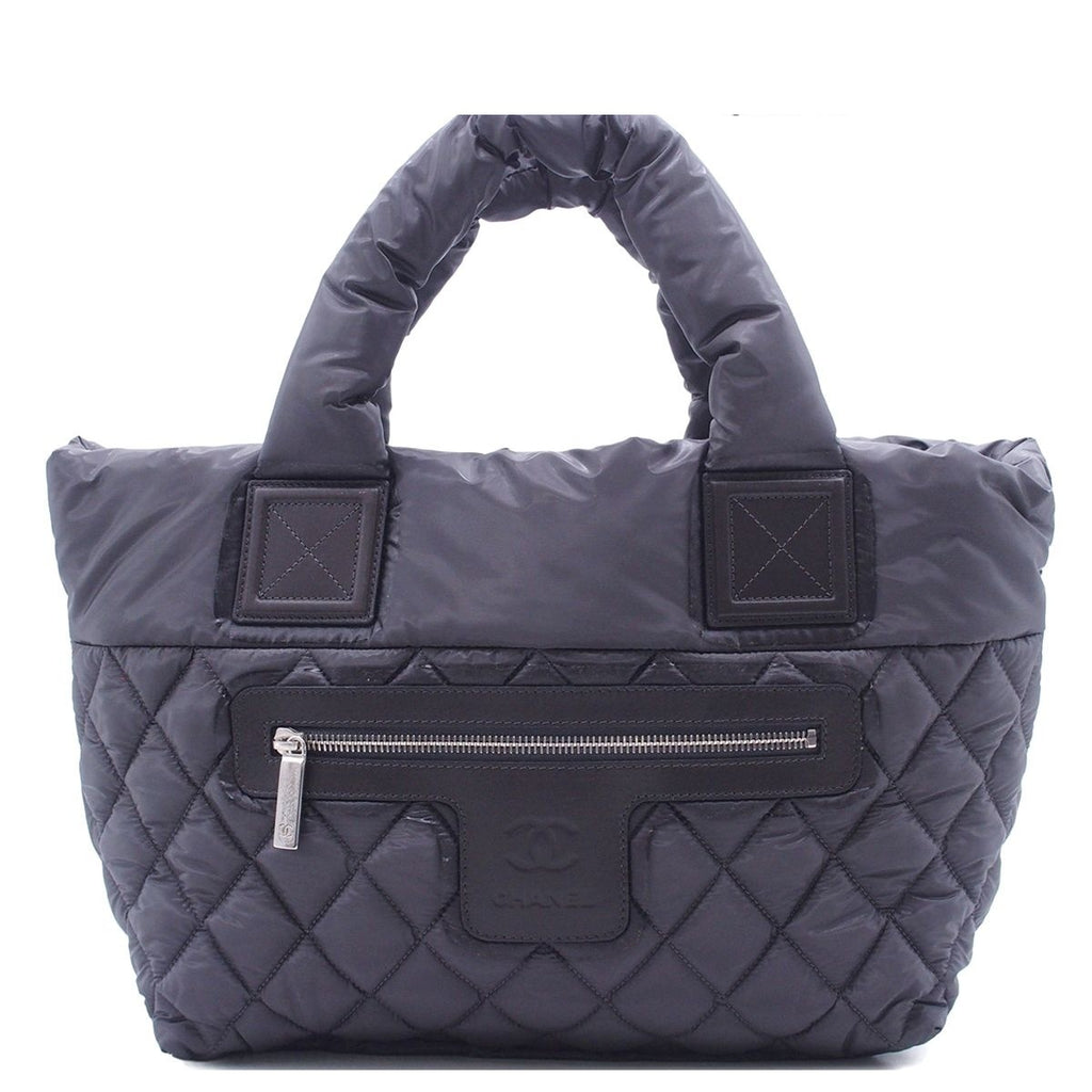 Chanel Coco Cocoon PM Small Tote Bag Gray Silver Nylon Leather