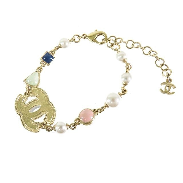 Chanel CC Logo Bracelet Gold White Metal Costume Pearl — view 2