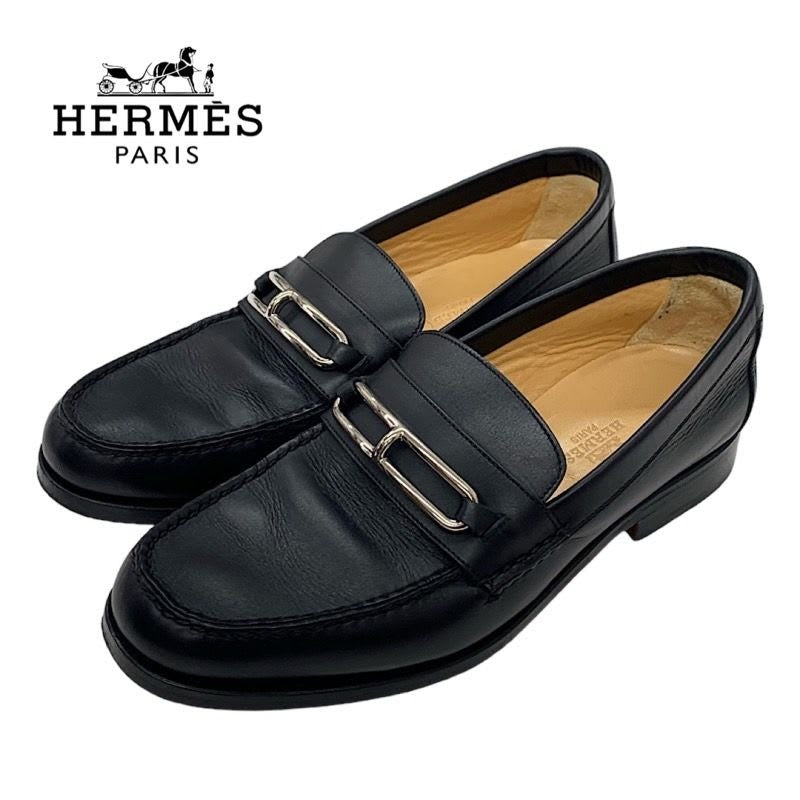 Hermes Colette Loafer Leather Shoes Black Silver Moccasin Flat