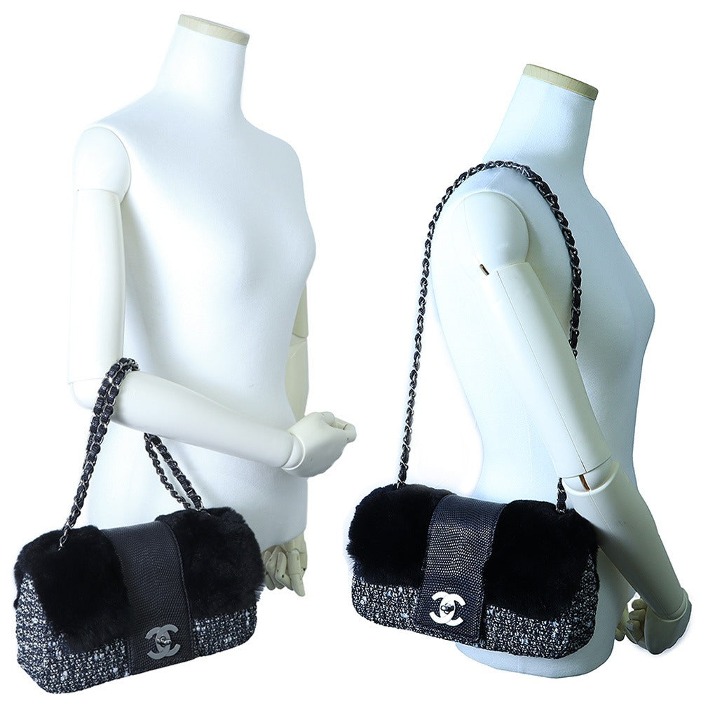 CHANEL Coco Chain Shoulder Handbag Tweed Fur Lizard Leather Black — view 8