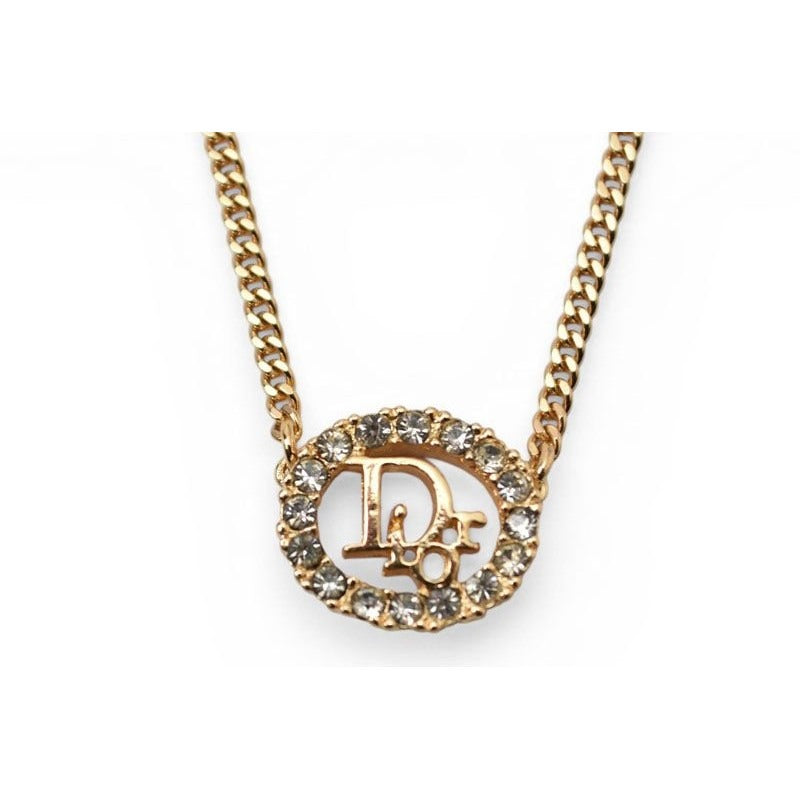 Dior Necklace Vintage Logo Rhinestone Gold