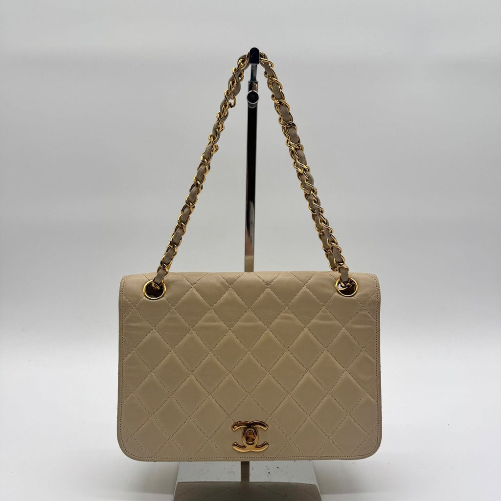 Chanel Large Shoulder Bag Quilted CC Logo Turnlock Gold Full Flap Beige Chain