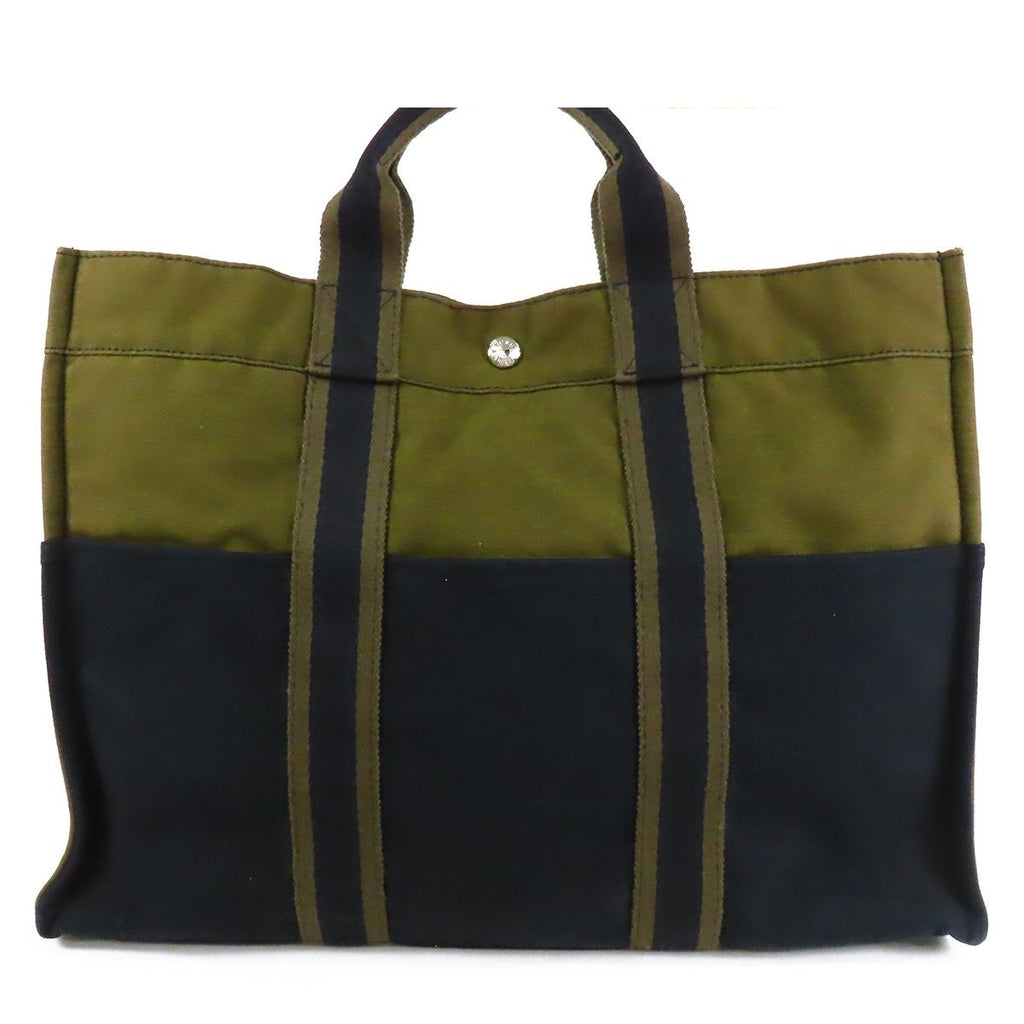 Hermes Fourre Tout MM Khaki Green Navy Silver Cotton Canvas Tote Bag