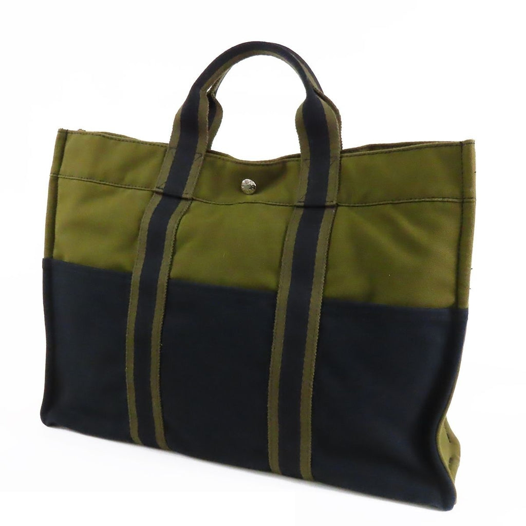 Hermes Fourre Tout MM Khaki Green Navy Silver Cotton Canvas Tote Bag — view 2
