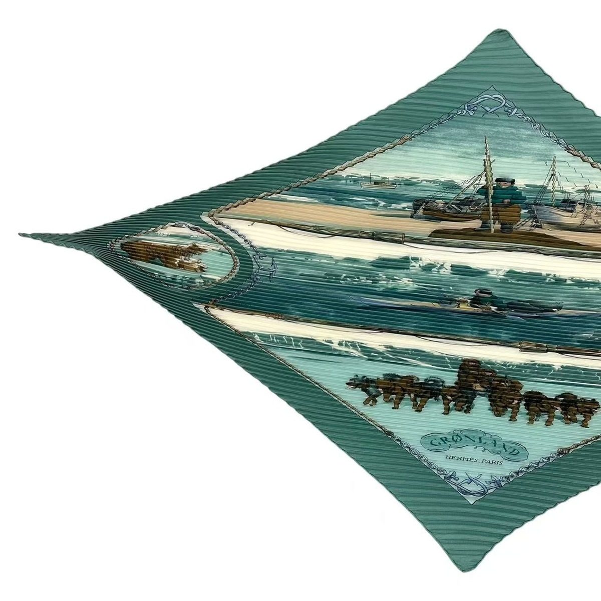 Hermes Pleats Gronland Eskimo Dog Sled Silk Scarf Green — view 2