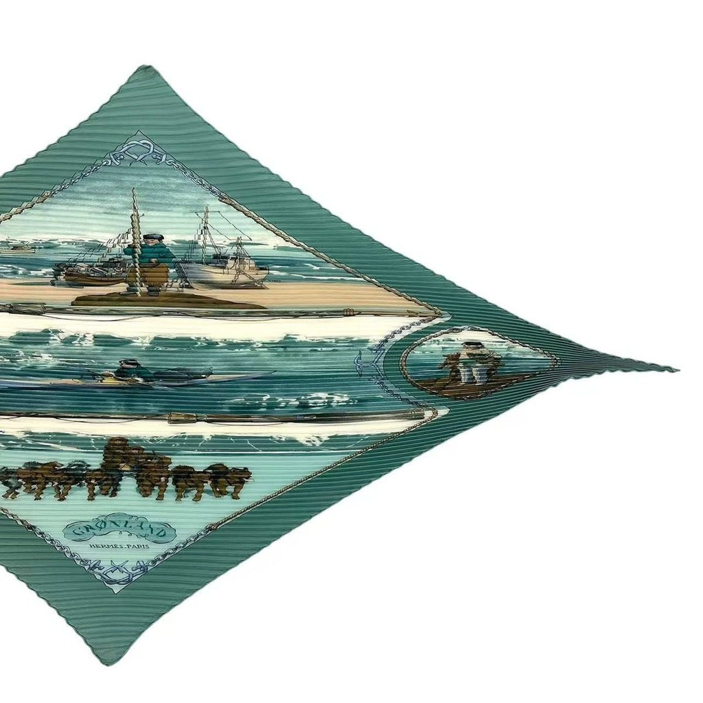Hermes Pleats Gronland Eskimo Dog Sled Silk Scarf Green — view 3