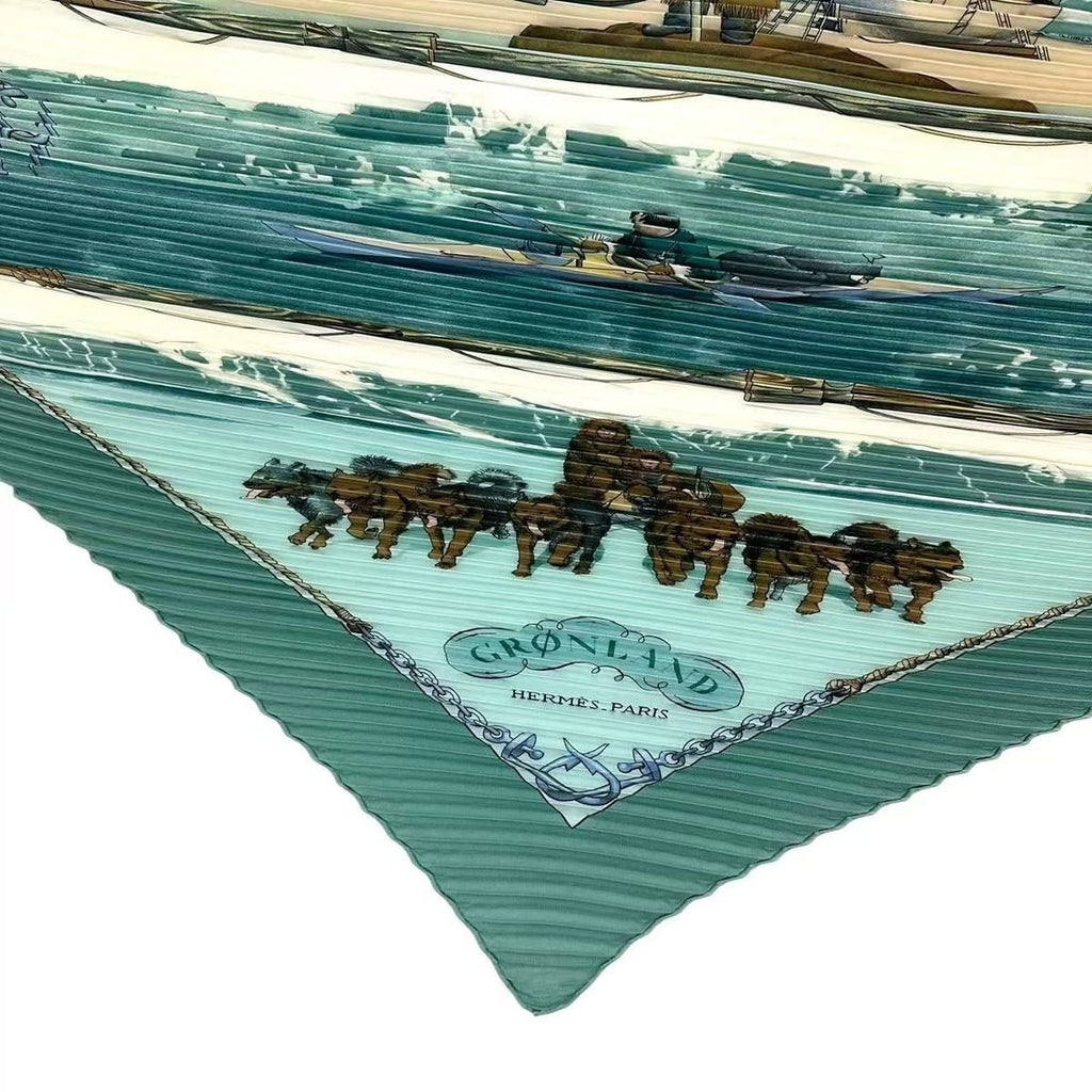 Hermes Pleats Gronland Eskimo Dog Sled Silk Scarf Green — view 4