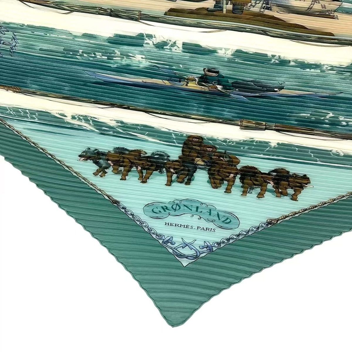 Hermes Pleats Gronland Eskimo Dog Sled Silk Scarf Green — view 4