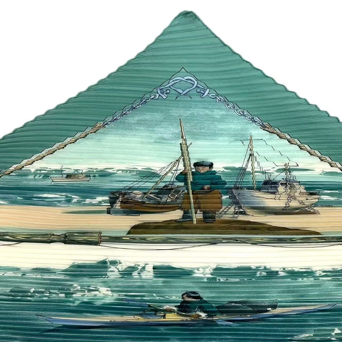Hermes Pleats Gronland Eskimo Dog Sled Silk Scarf Green — view 5