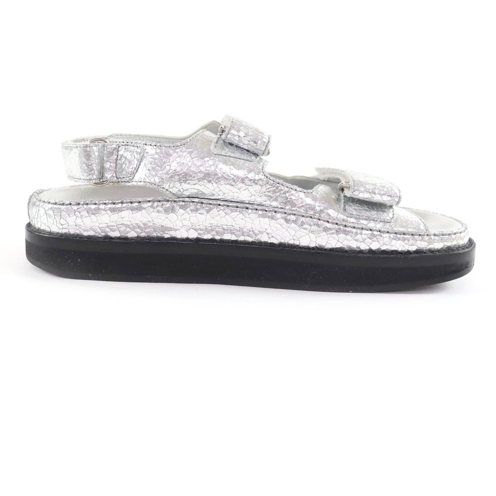 Chanel CC Logo Embroidered Back Strap Velcro Leather Flat Sandals — view 5