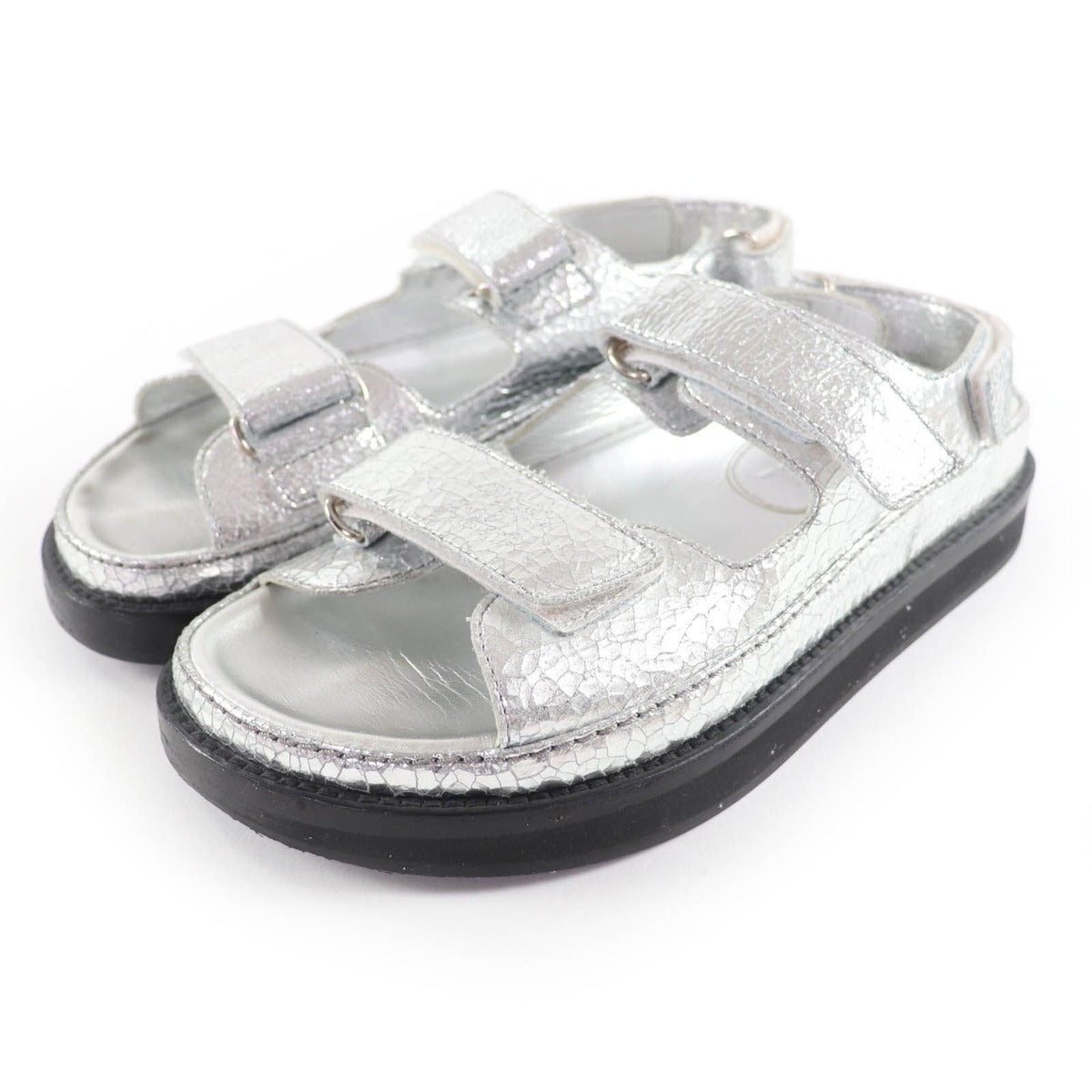Chanel CC Logo Embroidered Back Strap Velcro Leather Flat Sandals