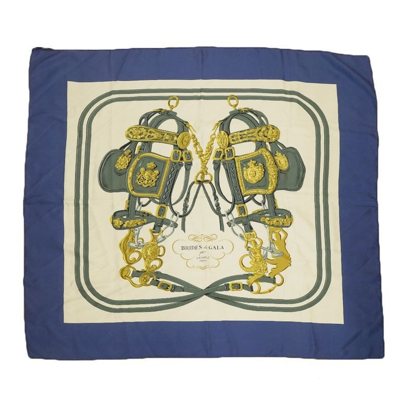 Hermes S Carre 90 Brides De GALA Ceremonial Bridle Navy 100%