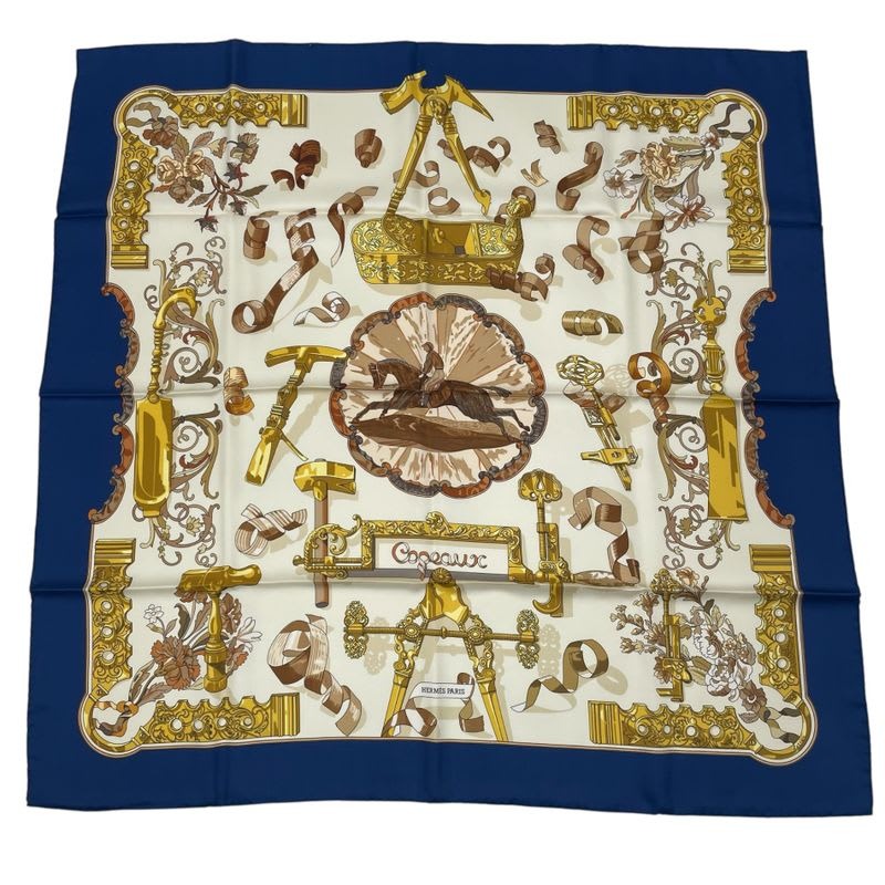 Hermes Scarf Silk Carre 90 Copeaux Sawdust Horse Pattern Tool Beige Navy White