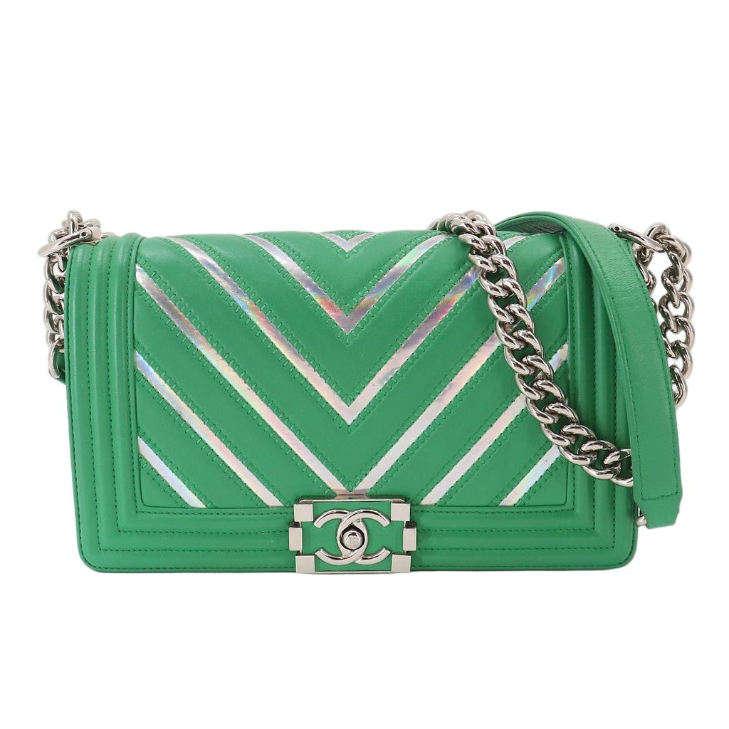 Chanel Boy Chain Shoulder Bag Lambskin Green Silver