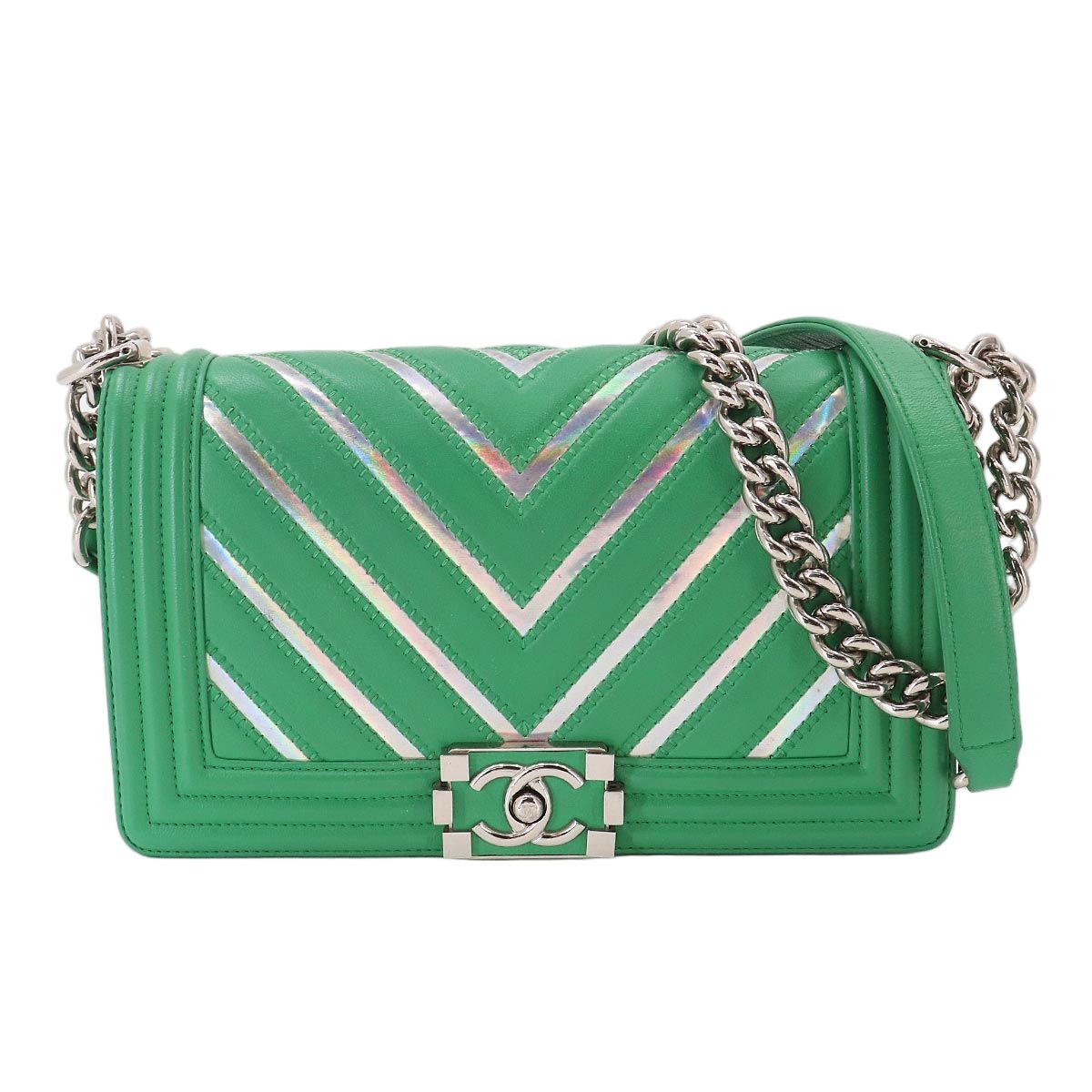 Chanel Boy Chain Shoulder Bag Lambskin Green Silver