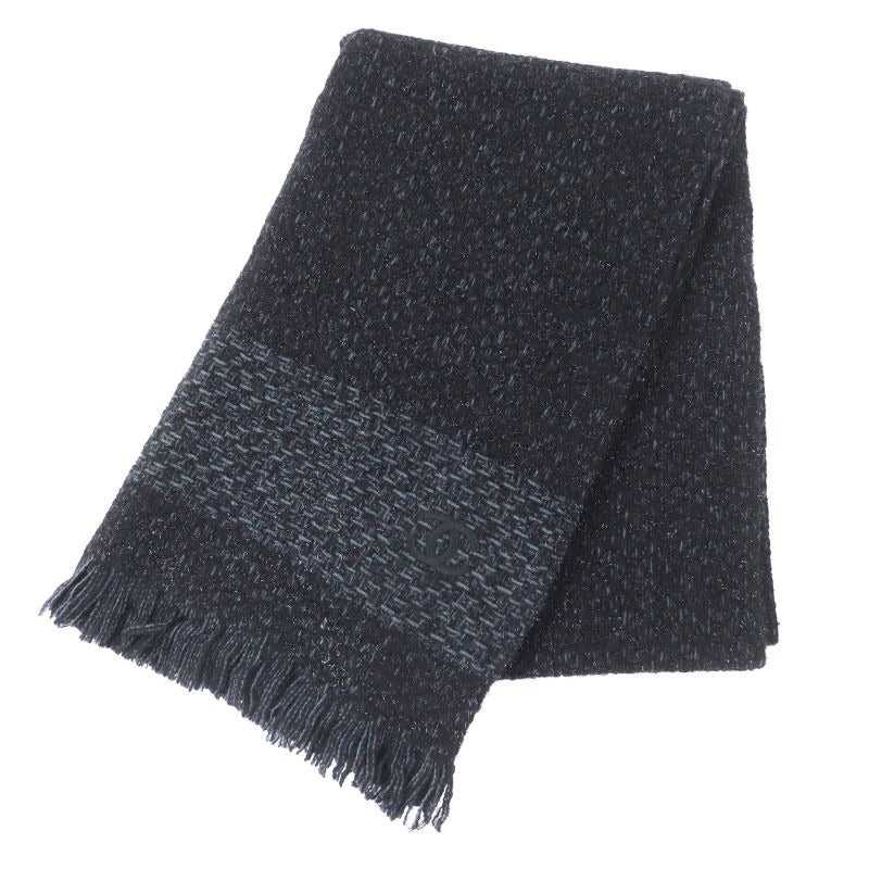 Chanel Cashmere Blend Coco Mark Embroidered Lame With Fringe Large Shawl Black